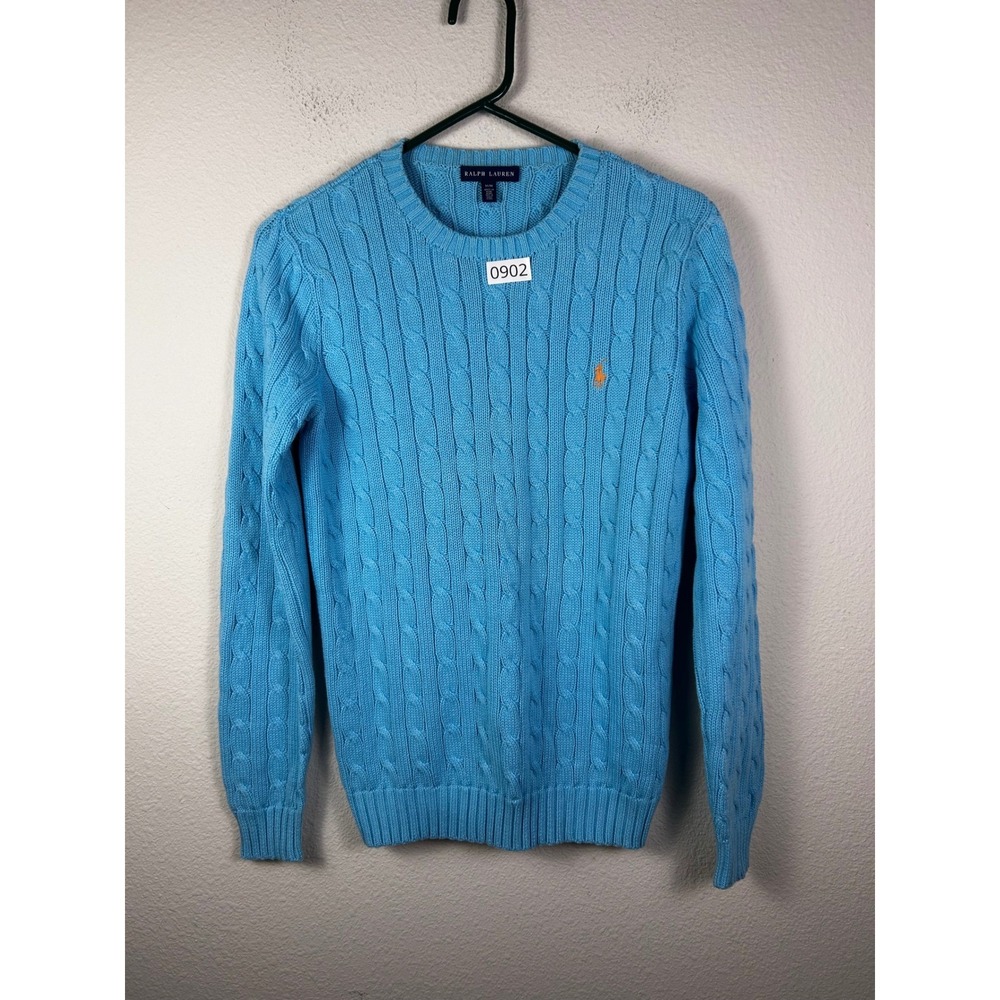 Ralph Lauren Blue Cable Knit Crew Neck Sweater Orange Pony Logo Womens Medium